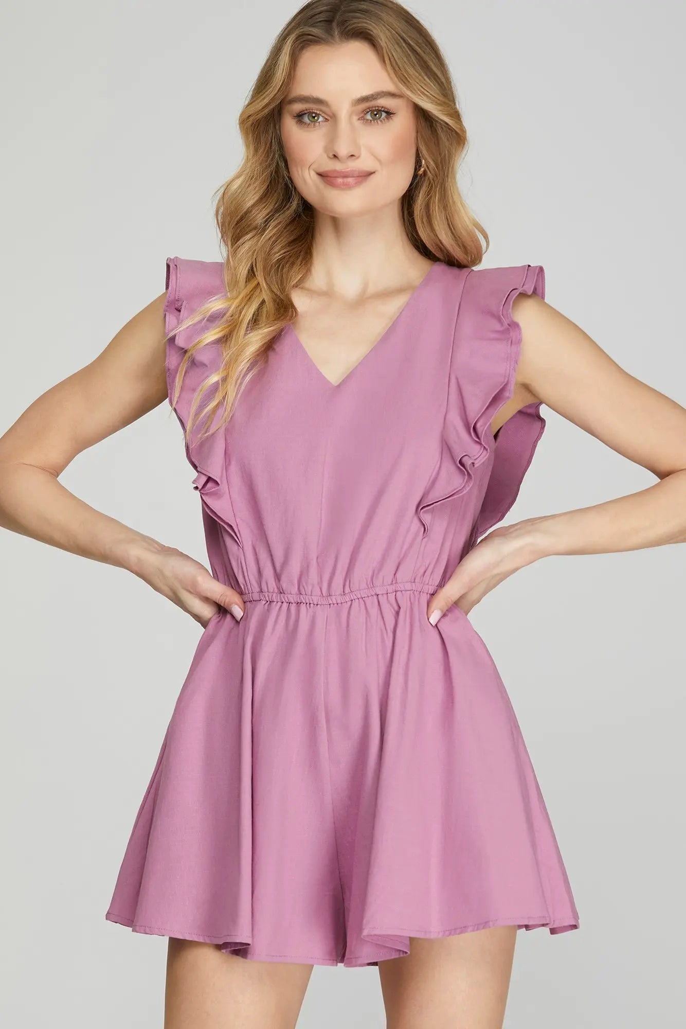 Short Flutter Sleeve Woven V Neck Romper with Pockets