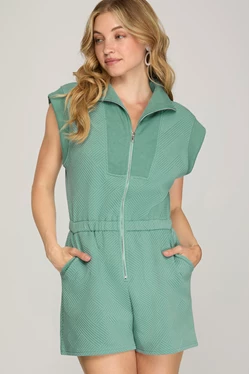 Short Sleeve Textured Romper with Pockets