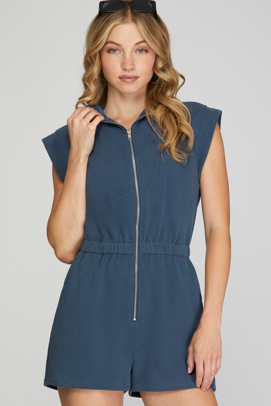 Short Sleeve Zip Front Romper with Pockets