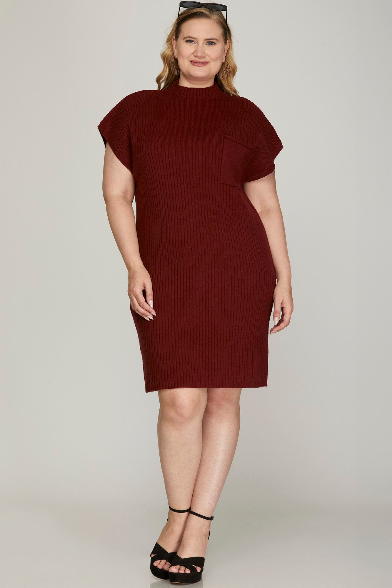 CURVY DROP SHOULDER MOCK NECK SWEATER DRESS WITH FRONT POCKET