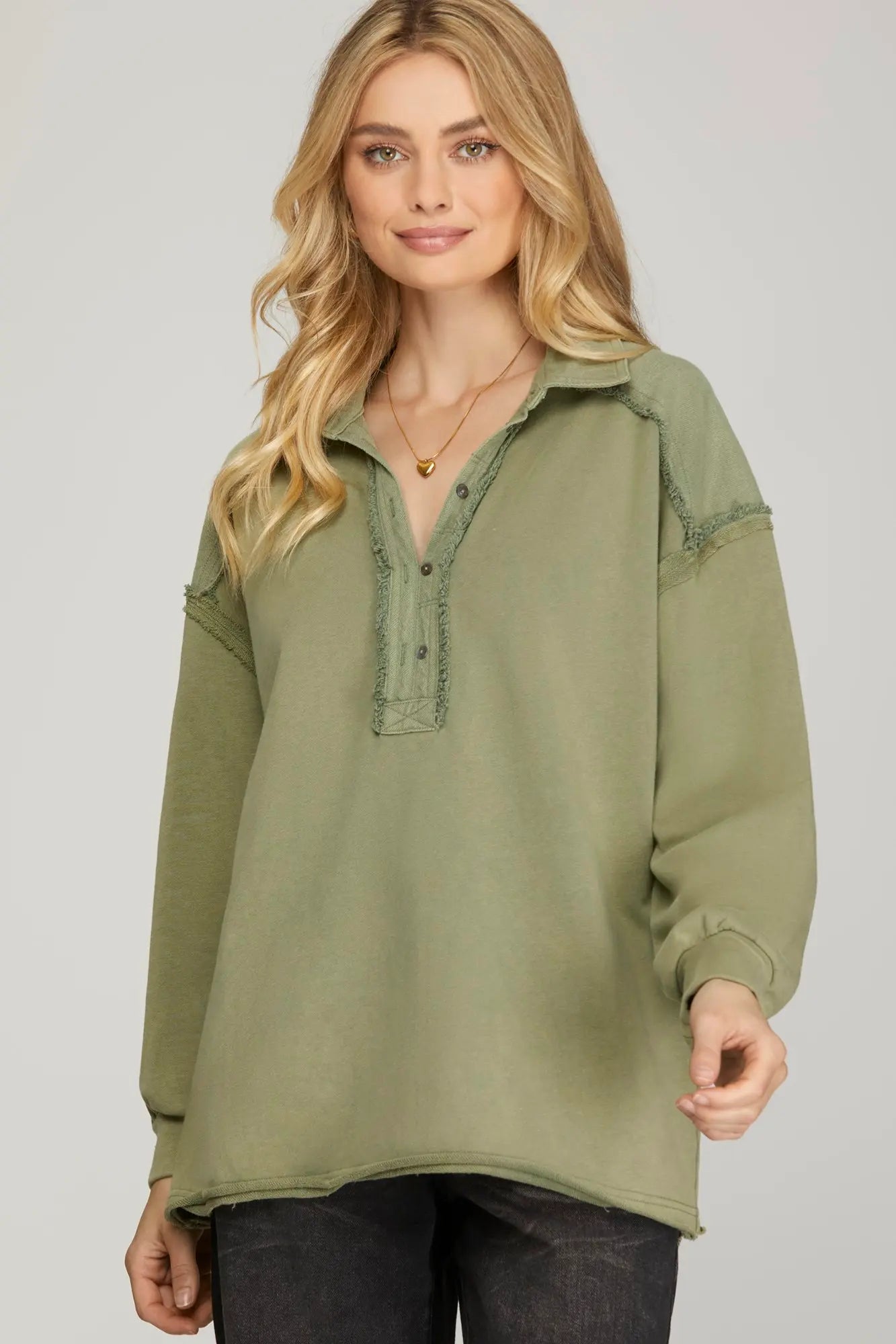 Long Sleeve Collared Mineral Wash Contrast Detail Knit Top