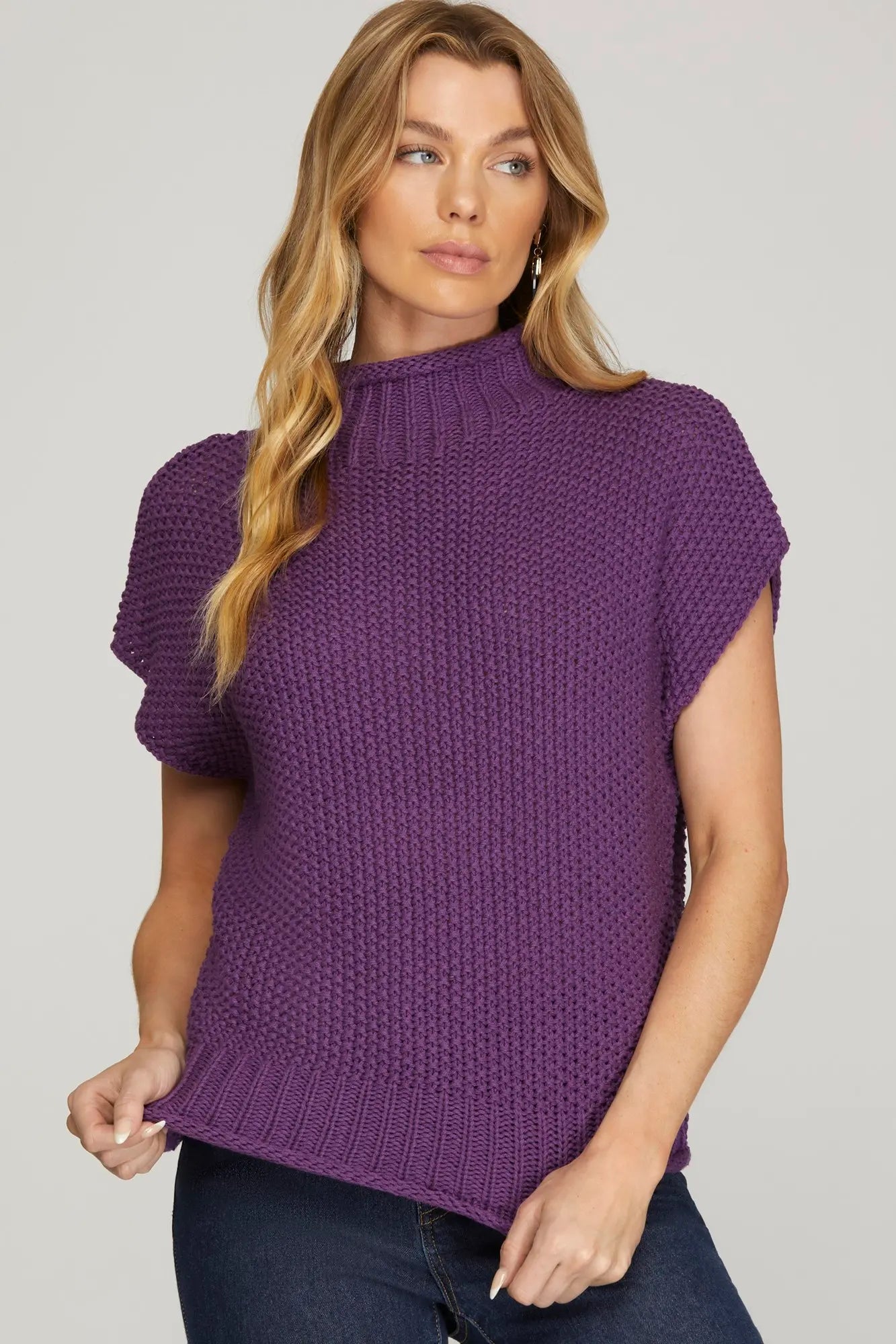 SHORT DROP SHOULDER SLEEVELESS MOCK NECK KNIT SWEATER VEST TOP