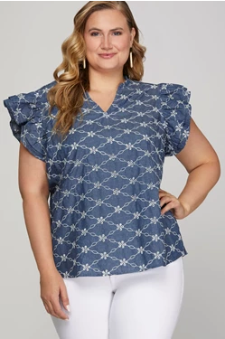 Curvy Short Ruffle Sleeve Embroidered Chambray Top