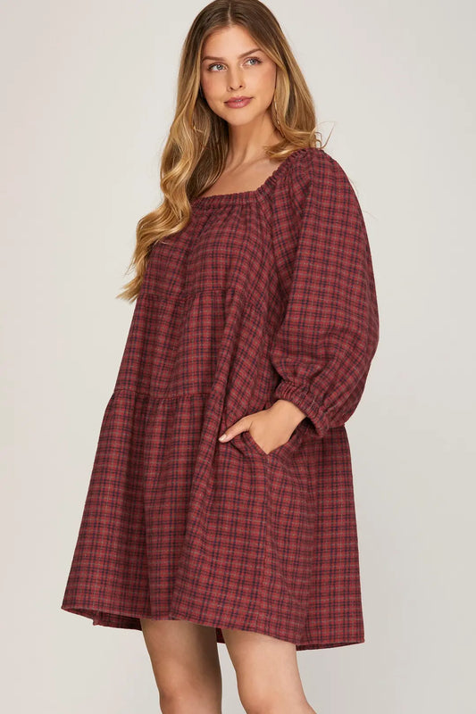 3/4 Sleeve Woven Plaid Tiered Mini Dress with Pockets