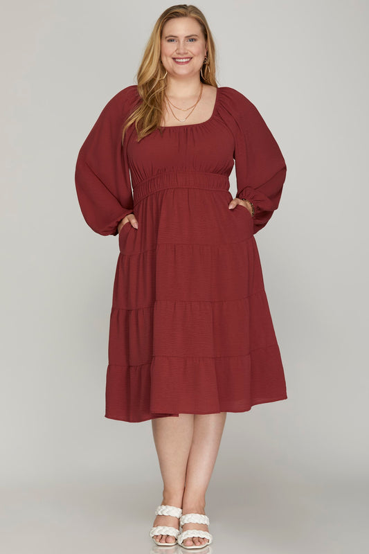 CURVY LONG SLEEVE WOVEN TIERED DRESS WITH WAIST ELASTIC AND SIDE POCKETS