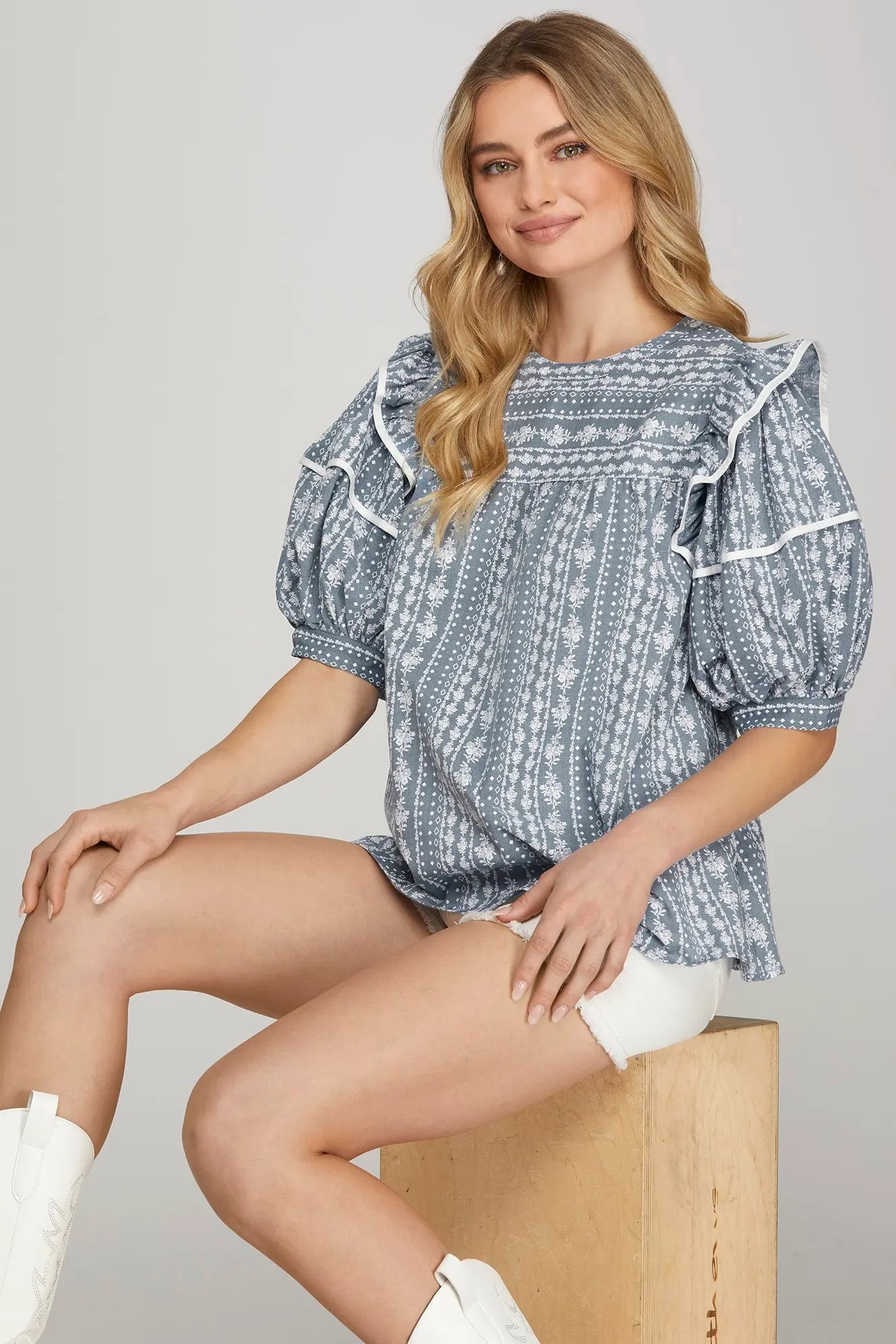 3/4 Ruffle Sleeve Printed Woven Top with Contrast Trim Detail