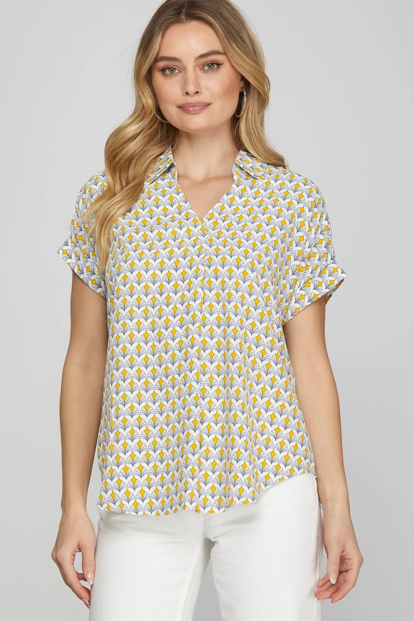 Short Sleeve Drop Shoulder Collared Printed Top