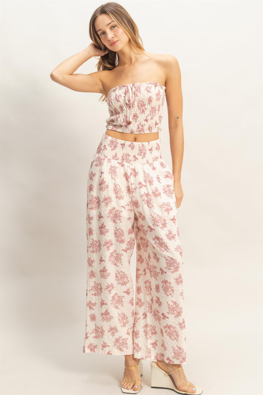 Print Smocked Tube Top and Wide-leg Pants Set