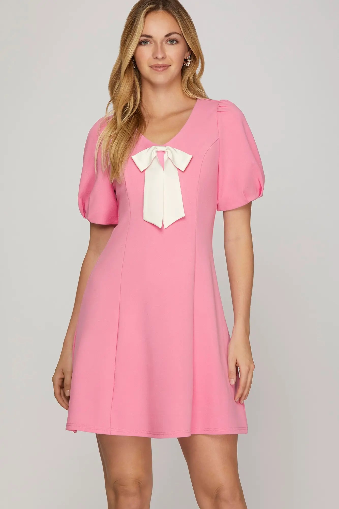 Short Sleeve Heavy Knit V Neck Mini Dress with Front Pocket and Bow Detail