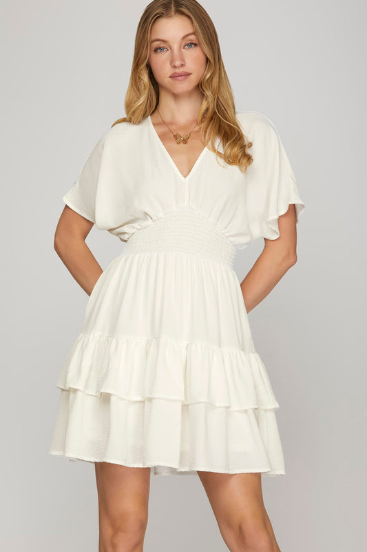 Short Drop Sleeve Woven Waist Smocking Tiered Mini Dress