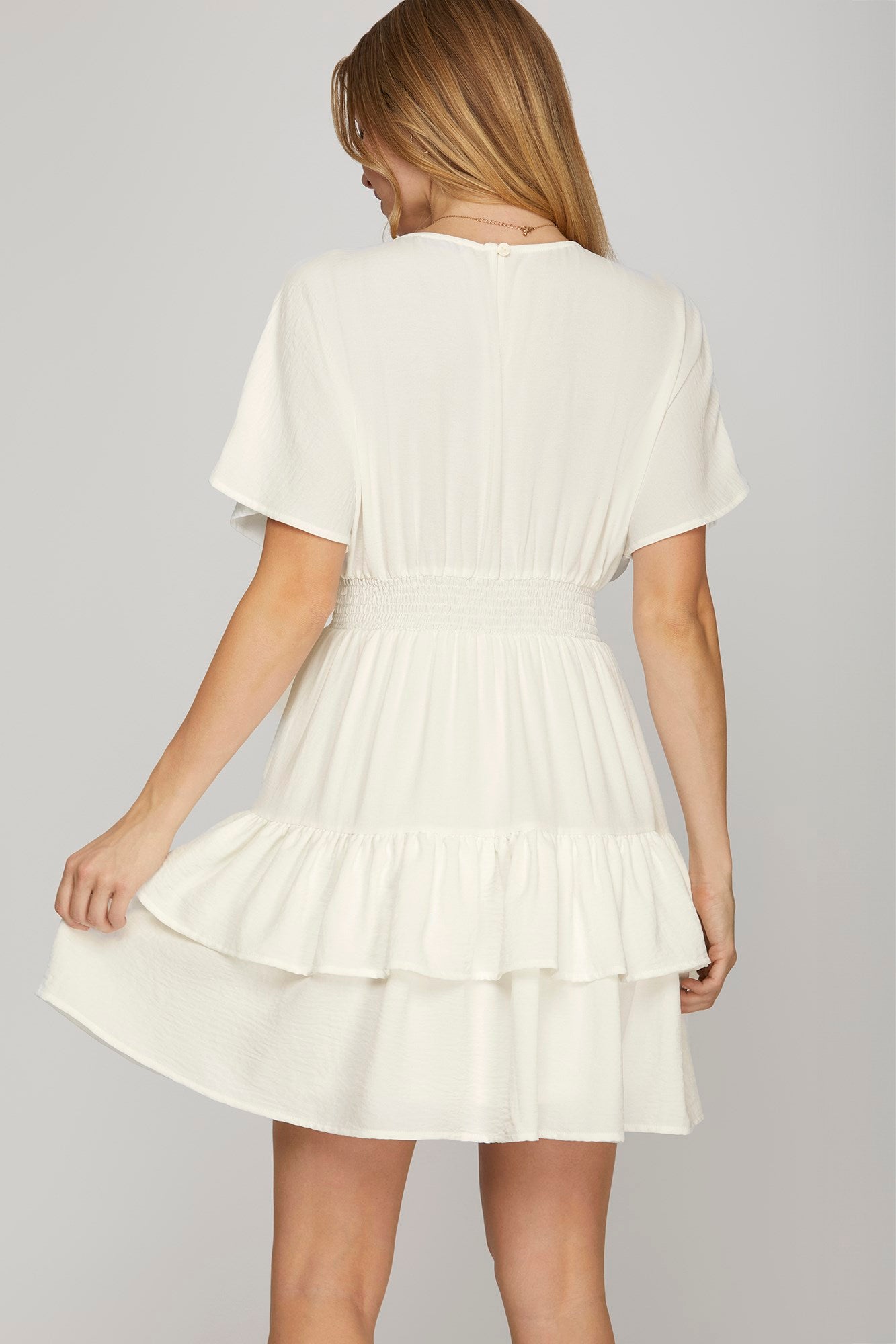 Short Drop Sleeve Woven Waist Smocking Tiered Mini Dress