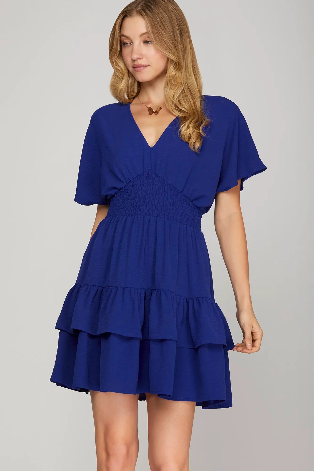 Short Drop Sleeve Woven Waist Smocking Tiered Mini Dress