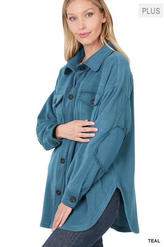 Curvy Oversized Basic Fleece Shacket with Front Button Closure