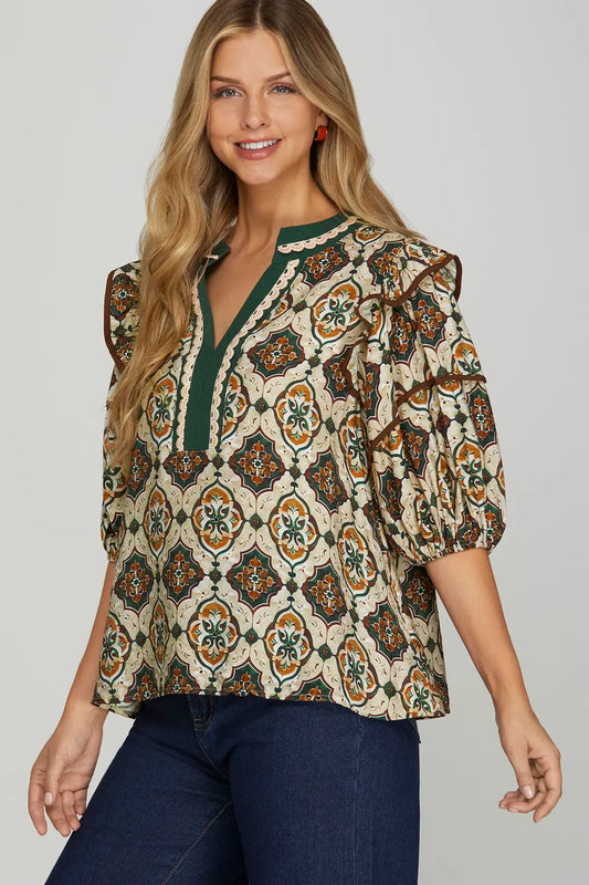 Puff Sleeve Ruffle Shoulder Contrast V Neck Woven Print Top