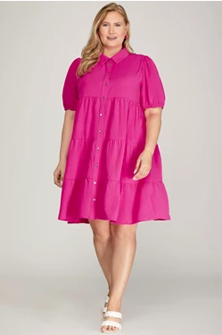 Curvy Short Puff Sleeve Woven Tiered Shirt Dress with Button Closure
