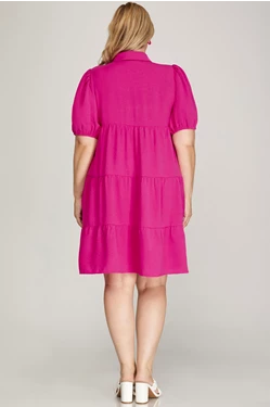 Curvy Short Puff Sleeve Woven Tiered Shirt Dress with Button Closure