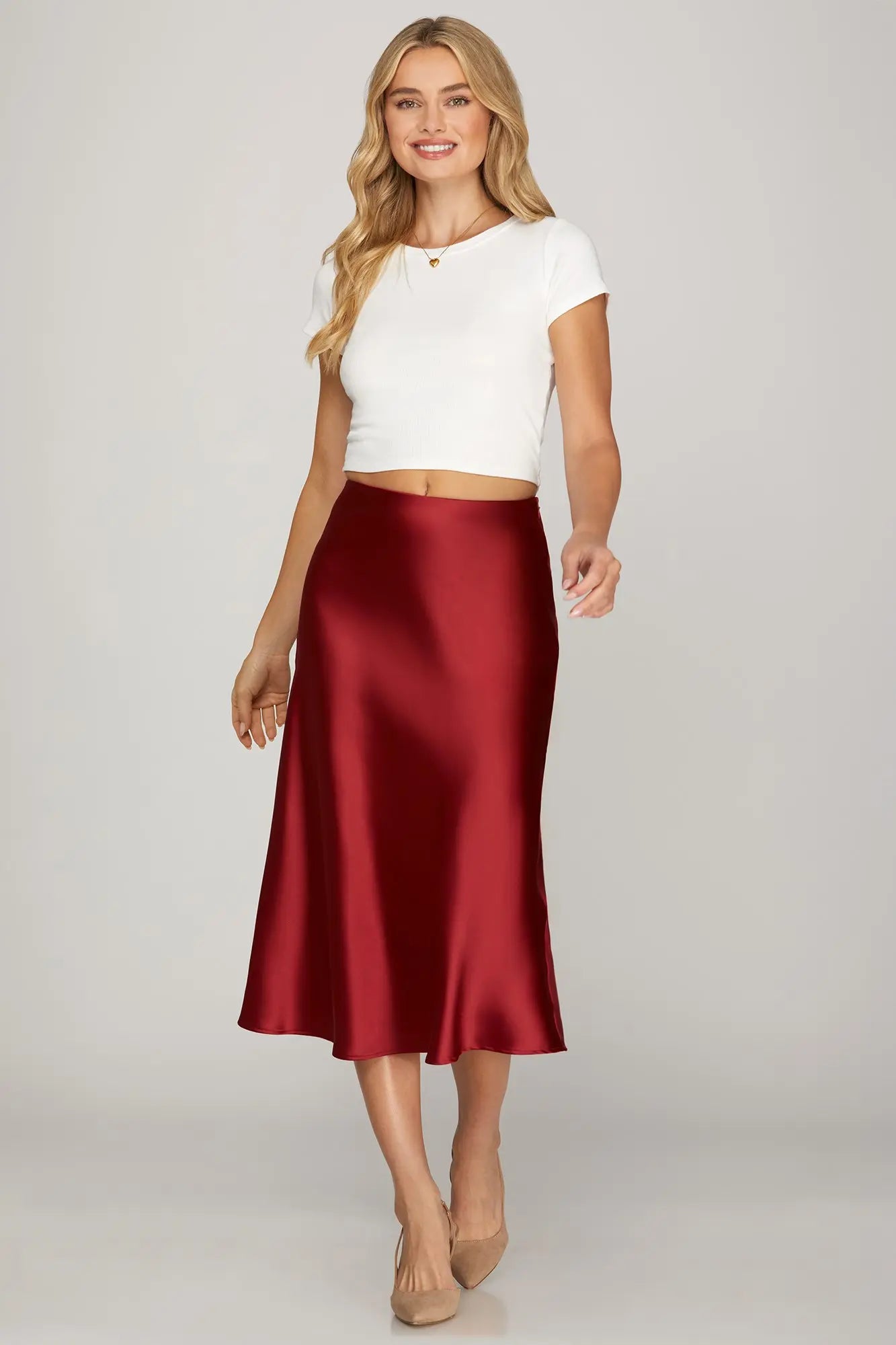 Satin Fit and Flare Midi Skirt