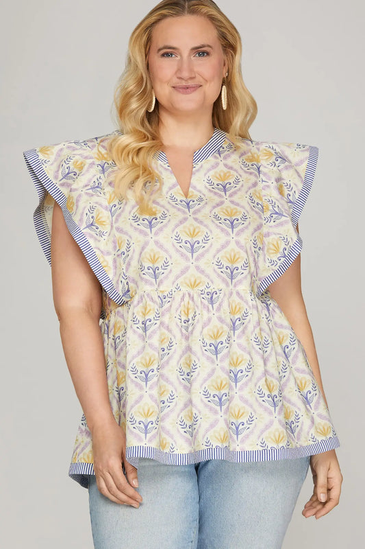 Curvy Short Ruffle Sleeve Printed Top