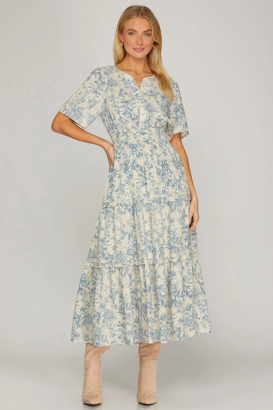 SHORT SLEEVE WOVEN FLORAL PRINT V NECK TIERED MIDI DRESS WITH POCKETS