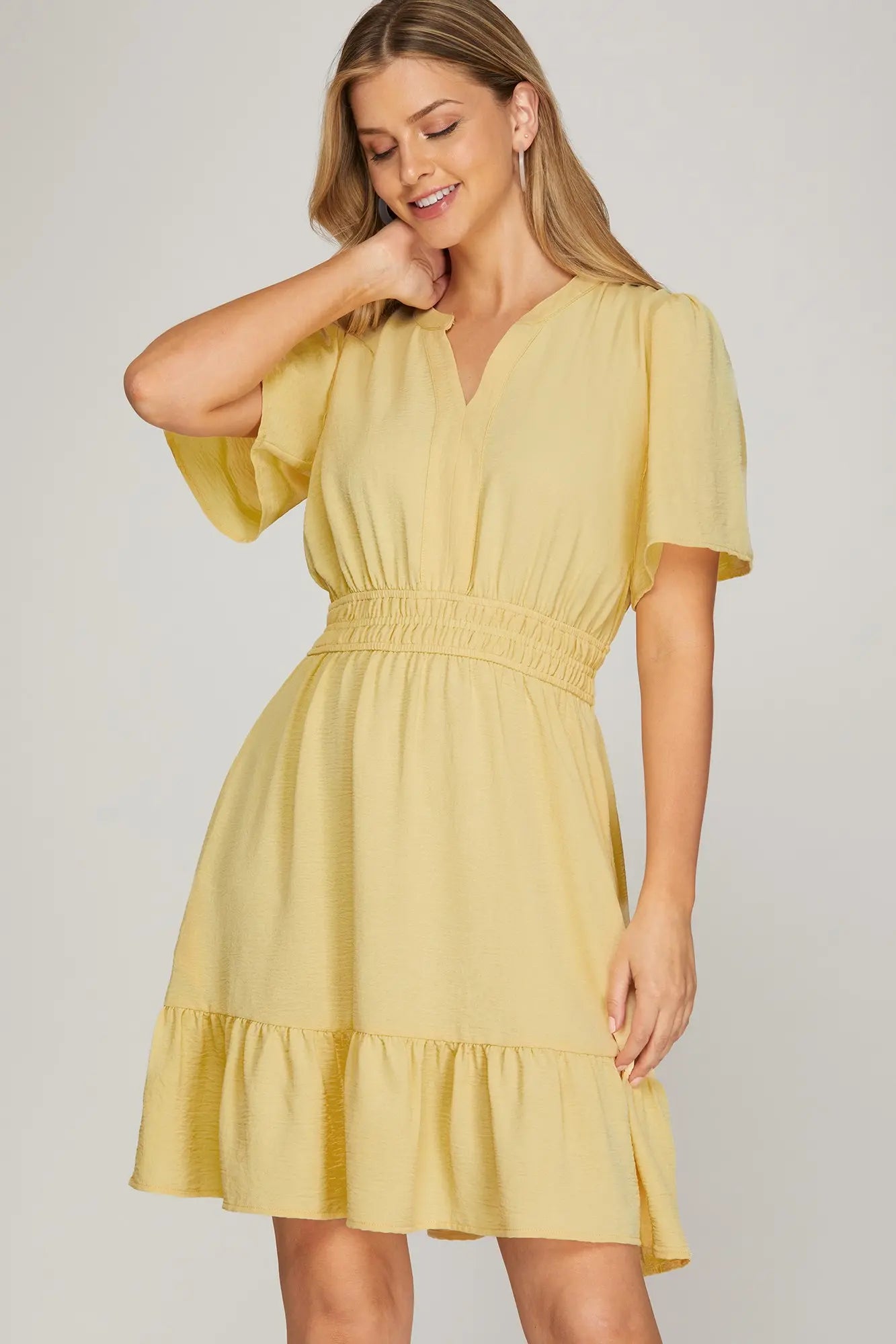 SHORT BELL SLEEVE WOVEN MINI DRESS WITH ELASTIC WAISTBAND AND POCKETS
