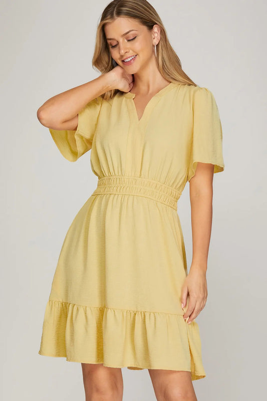 SHORT BELL SLEEVE WOVEN MINI DRESS WITH ELASTIC WAISTBAND AND POCKETS