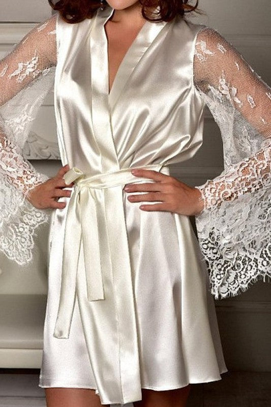 Beautiful Long Lace Sleeve Satin Robe with Sash Tie Closure
