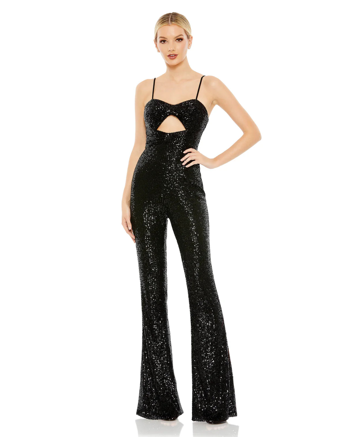 Spaghetti Strap Sequins Jumpsuit with Fit and Flare Leg and Peephole Bodice