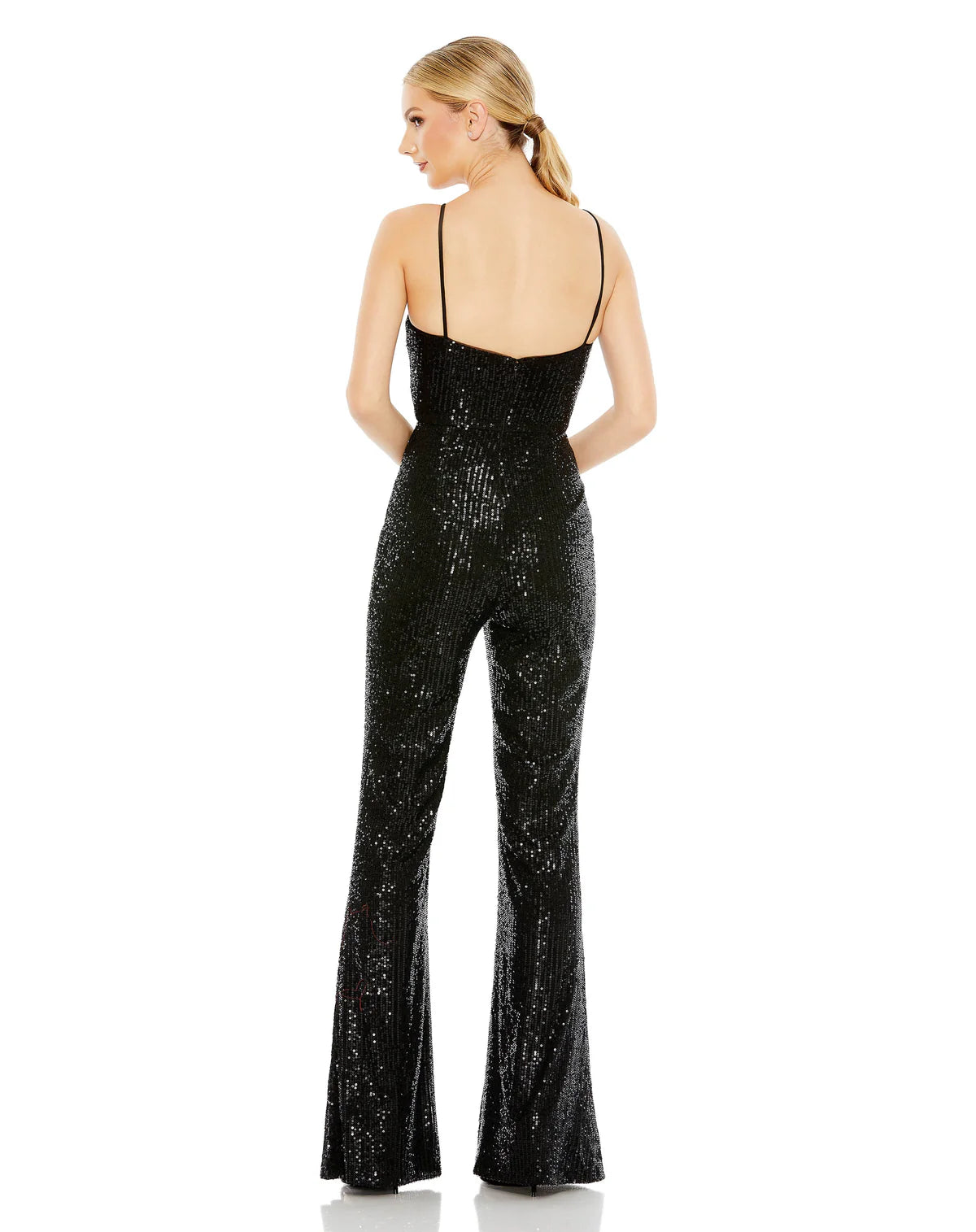 Spaghetti Strap Sequins Jumpsuit with Fit and Flare Leg and Peephole Bodice