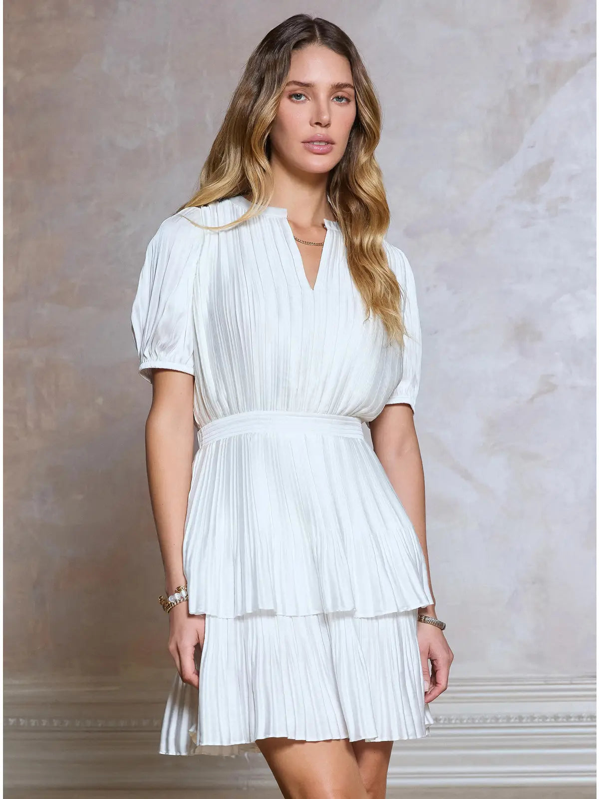 Pleated Tiered Short Sleeve Mini Dress with Elastic Cinch Waist