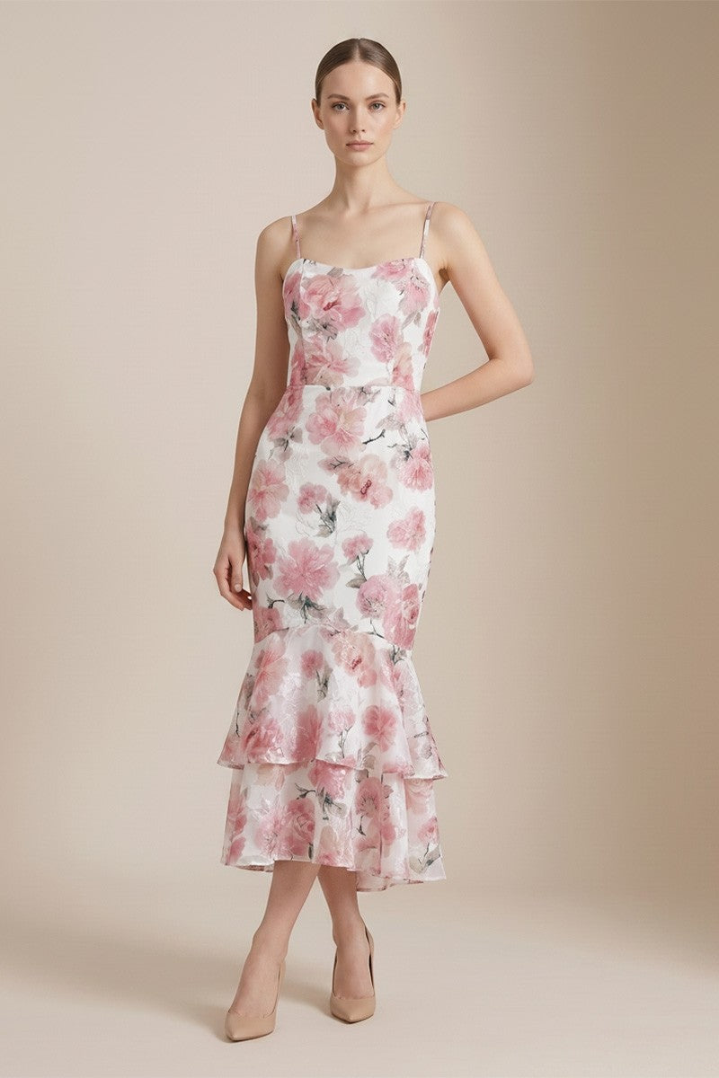 Adjustable Spaghetti Strap Floral Midi Dress With A Fitted Silhouette And Ruffled Hem