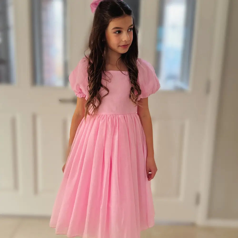 Girl Short Puff Sleeve Fit and Flare Knee Length Dress with Bow Tie Back