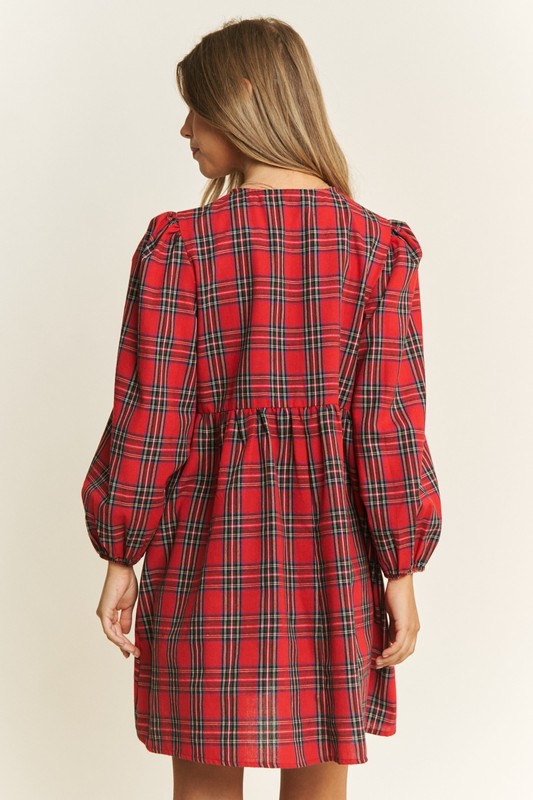 Long Puff Sleeve Babydoll Bow Accent Mini Plaid Dress