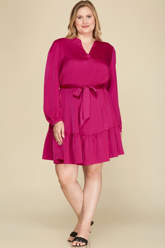 Curvy Long Sleeve V Neck Woven Satin Dress with Waist Sash