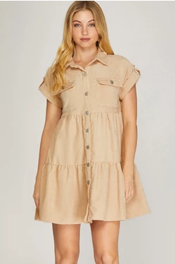 Short Sleeve Folded Drop Shoulder Button Down Corduroy Mini Dress