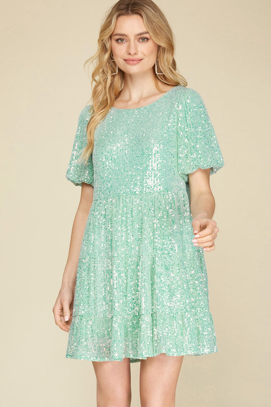 Short Bubble Sleeve Sequins Tiered Mini Dress with Lining