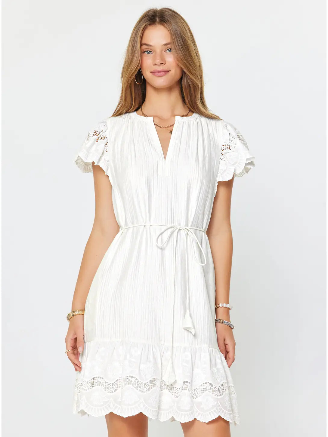 Short Sleeve Fit and Flare Crinkle Texture Mini Dress with Tie Waist and Lace Trim