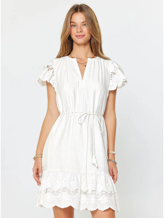 Short Sleeve Fit and Flare Crinkle Texture Mini Dress with Tie Waist and Lace Trim