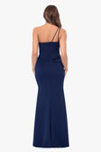 One Shoulder Scuba Crepe Long Formal Dress with Ruching and Ruffle Detail