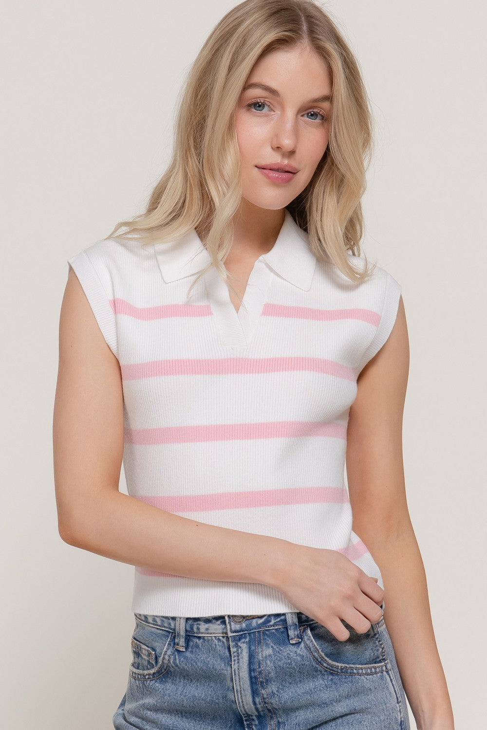 Sleeveless Stripe Polo Fitted Sweater