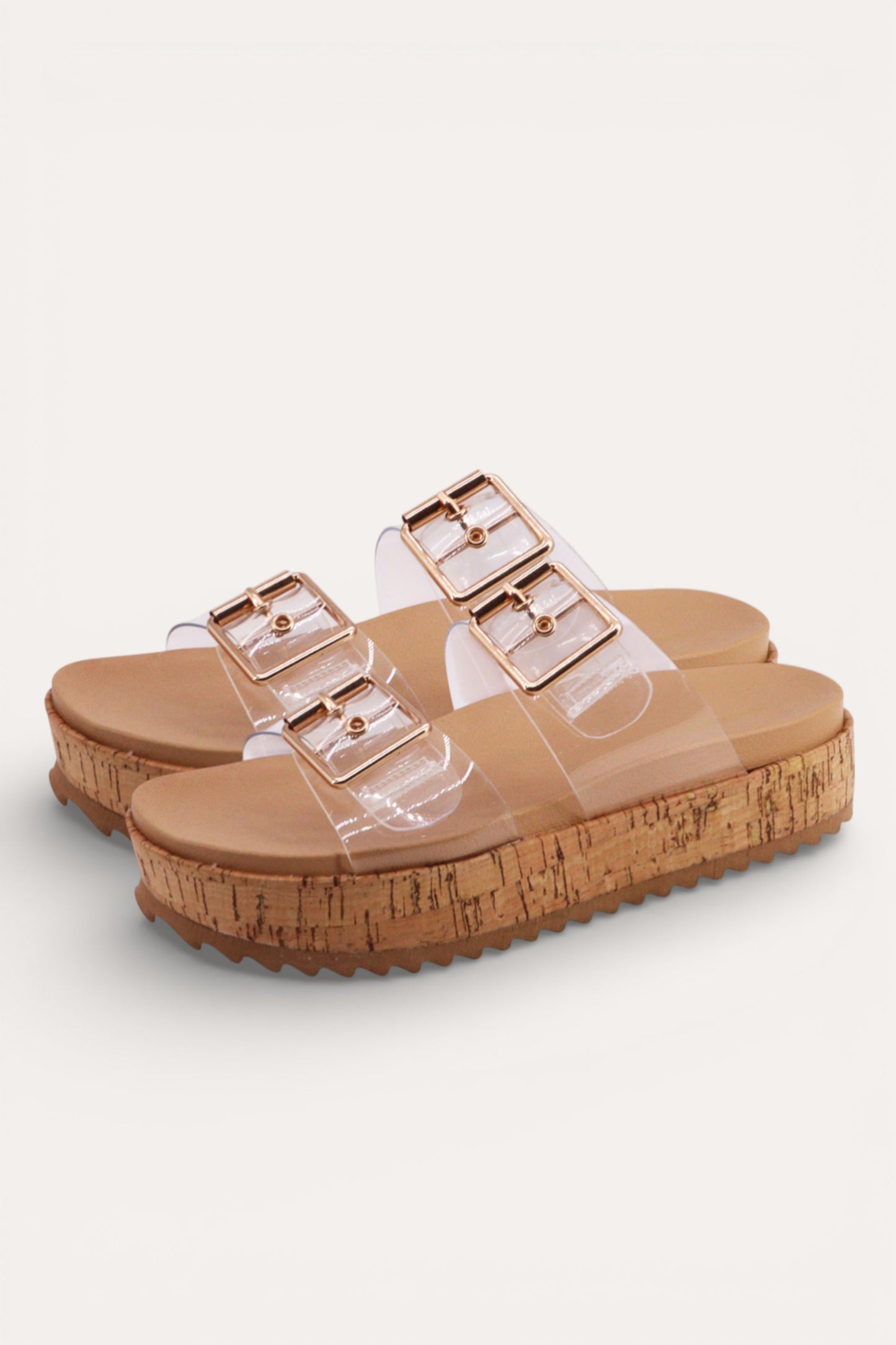 Trendy Dual Clear Pvc Buckle Chic Cork Platform Sandal