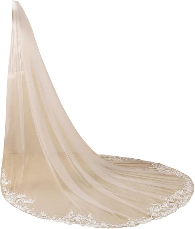 Long Cathedral Length Lace Bridal Wedding Veil With Metal Comb
