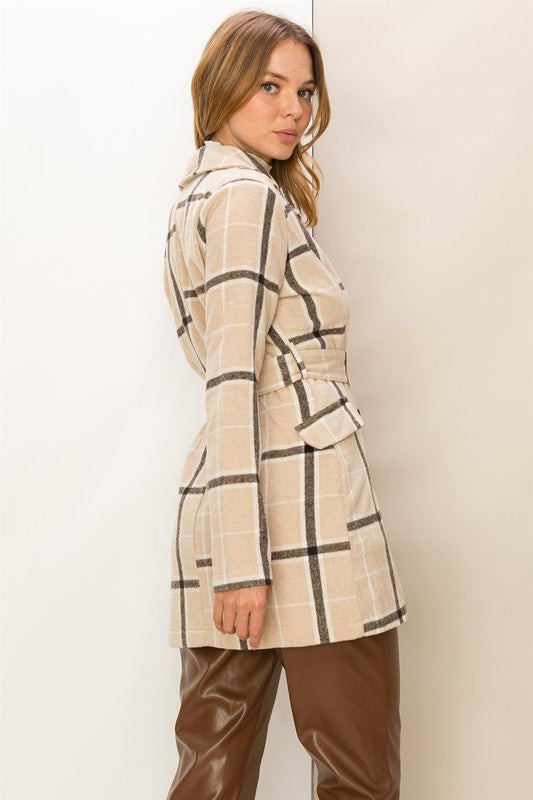 Casual Elegance Long Sleeve Plaid Button Down Belted Coat