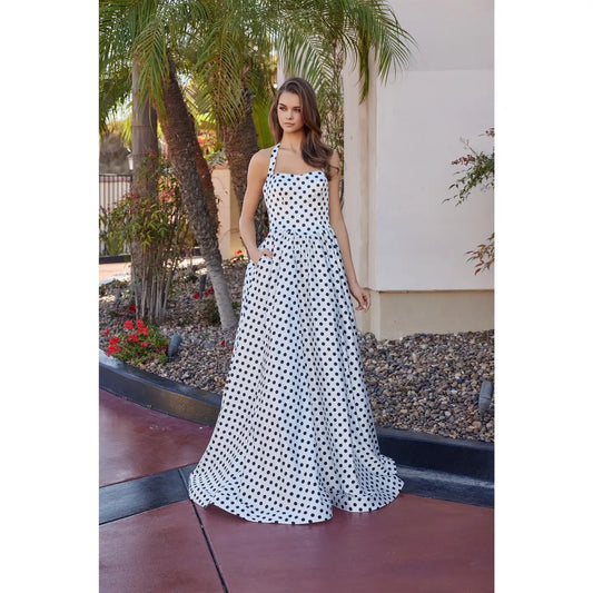 Halter Polk a Dot Fit and Flare Long Formal Dress with Pockets