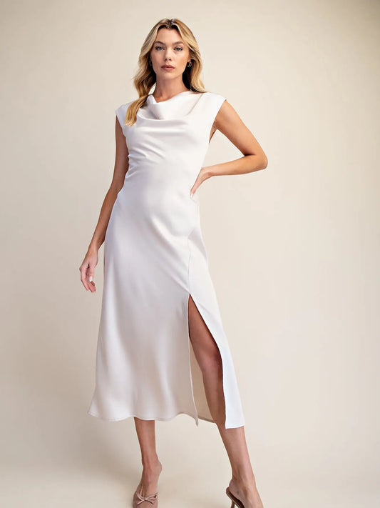 Short-Sleeve Cowl-Neck Slip Midi Dress