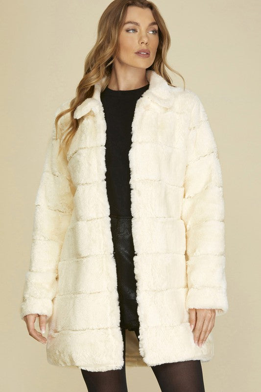 Open Front Collared Long Sleeve Faux Fur Coat