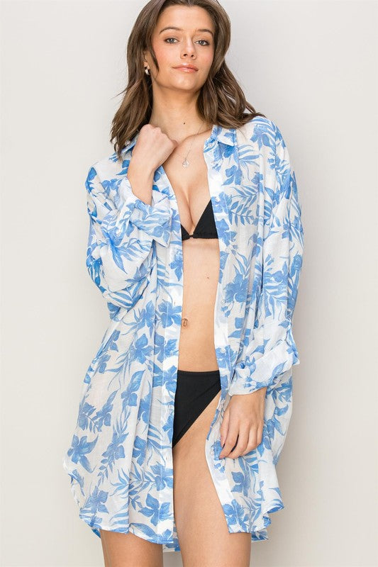 Roll Tab Long Sleeve Floral Cover Up