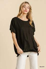 Linen Blend Top with Cuffed Short Sleeve and Frayed Hemline