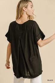 Linen Blend Top with Cuffed Short Sleeve and Frayed Hemline