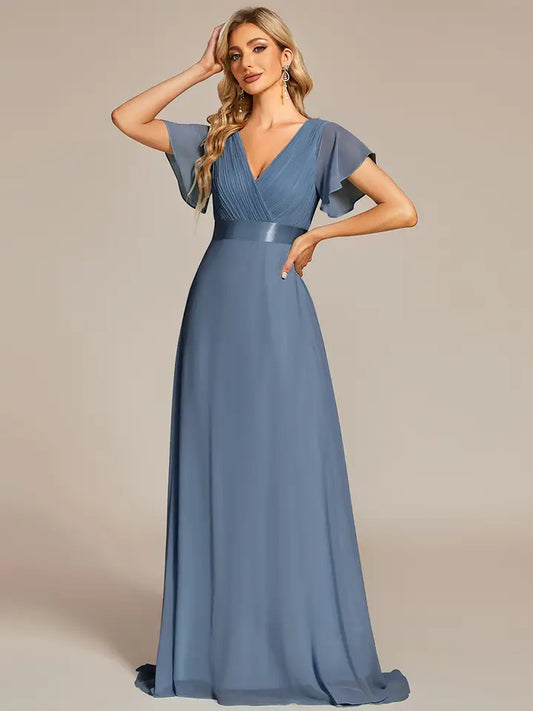 Short Ruffle Sleeve A-Line Long Formal Dress