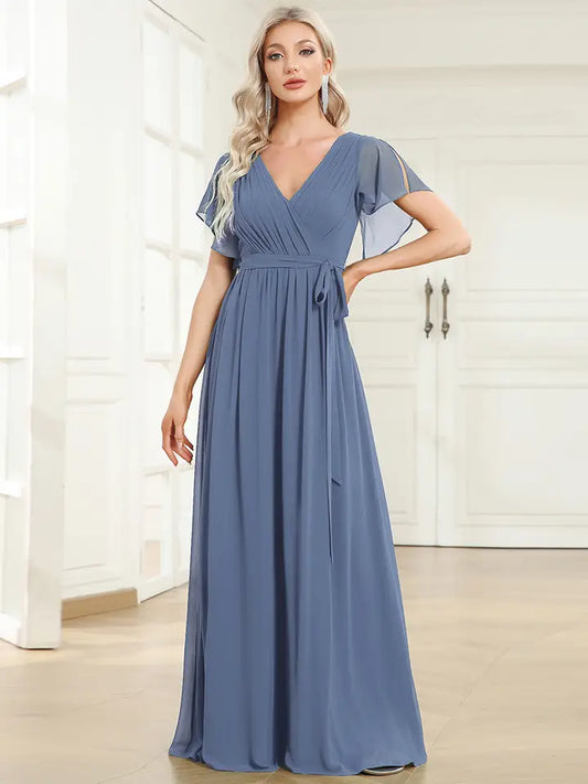 Short Ruffle Sleeve Long A Line Evening Dress